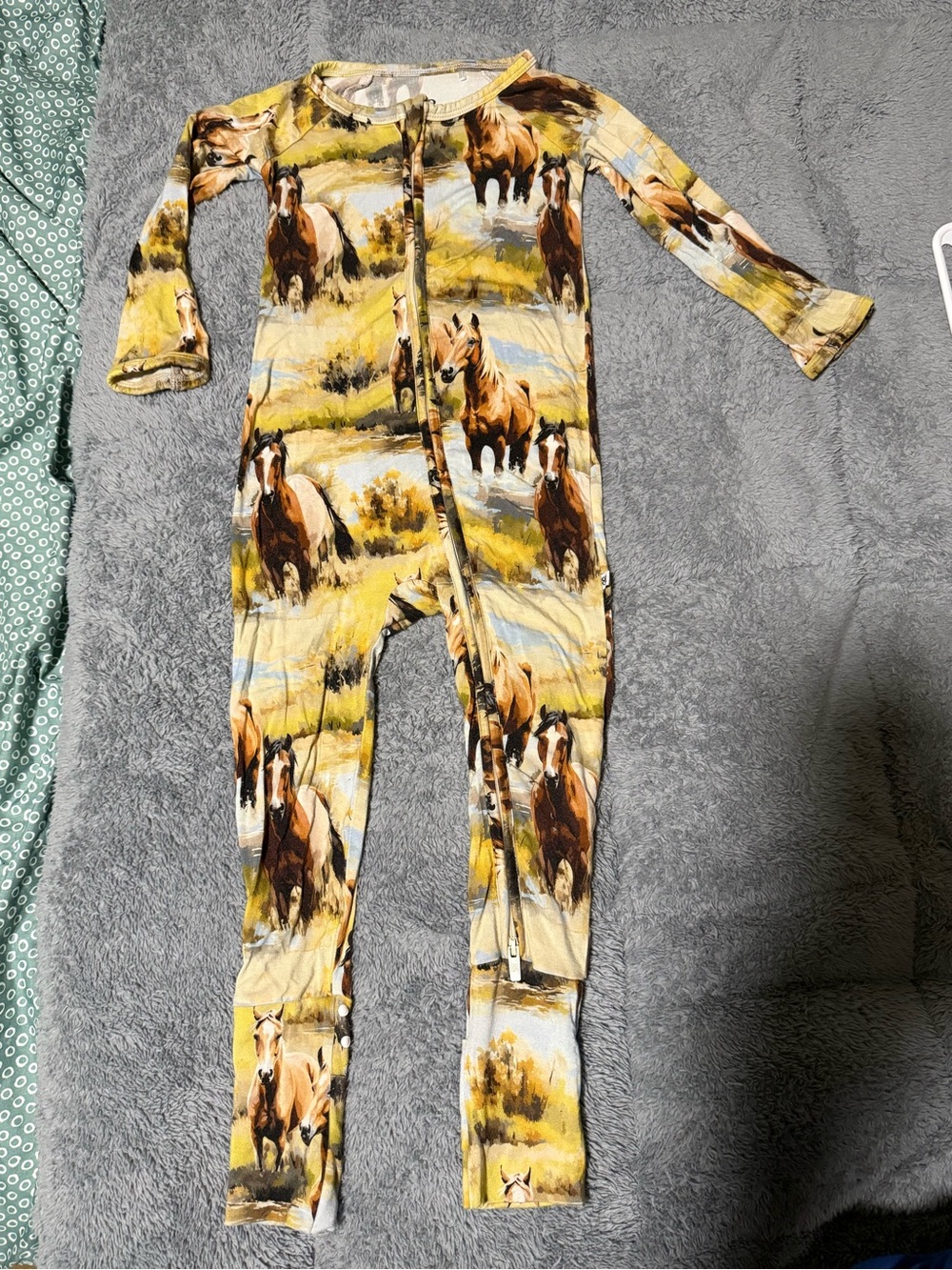 Bums and Roses Horse-Print One-Piece Bamboo Pajama - Brown/Yellow